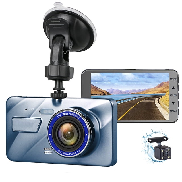 Dashcam Cámara delantera y trasera para automóvil con tarjeta SD de 32 GB, 4 pulgadas Full HD 1080P, gran angular de 170 °, visión nocturna, sensor G, WDR, grabación en bucle, monitoreo de