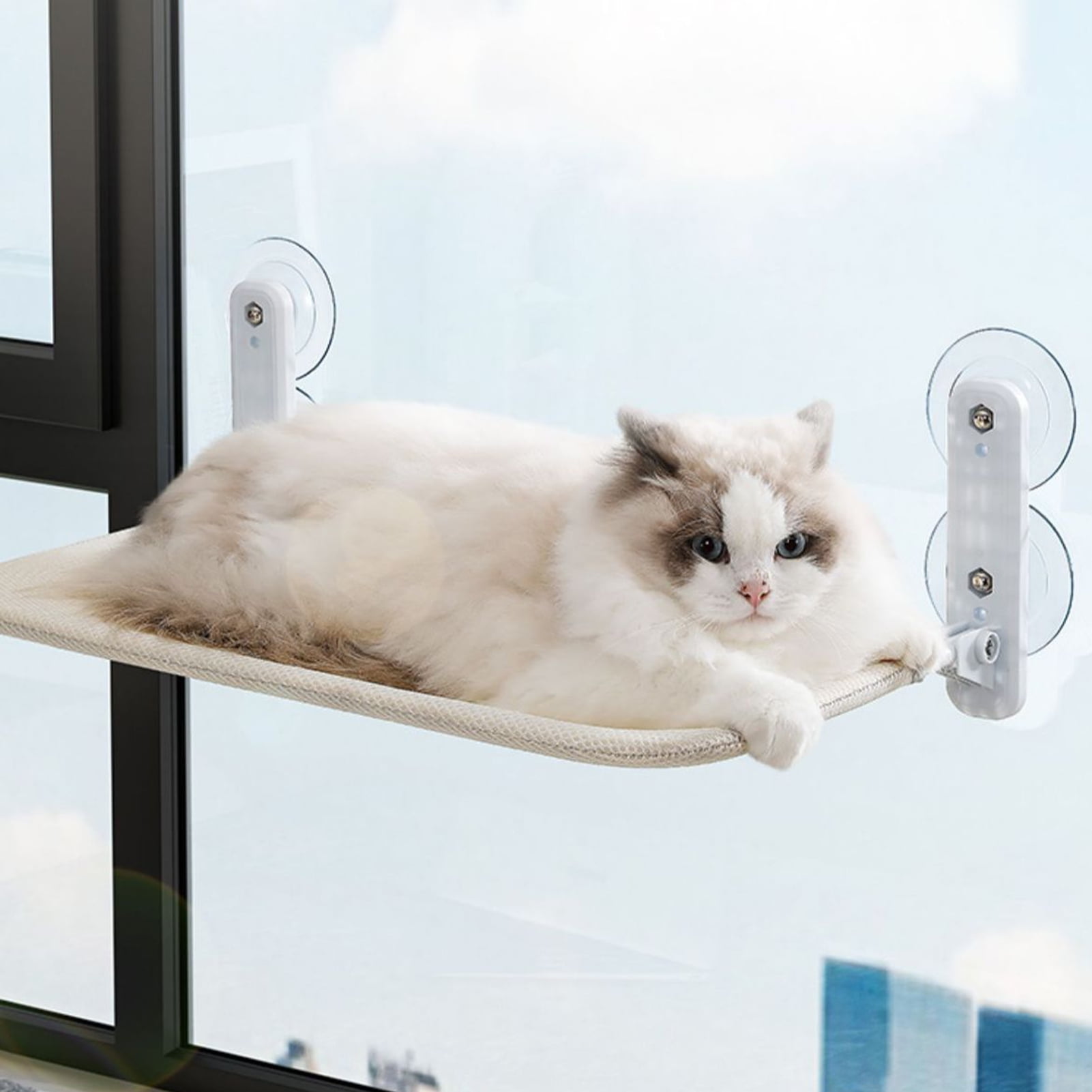 Foldable Cat Hammock Breathable Mesh Fabric Cover Cordless Cat Bed with 4 Suction Cups Cordless Steel Frame Window Perch for Indoor Sunbathing