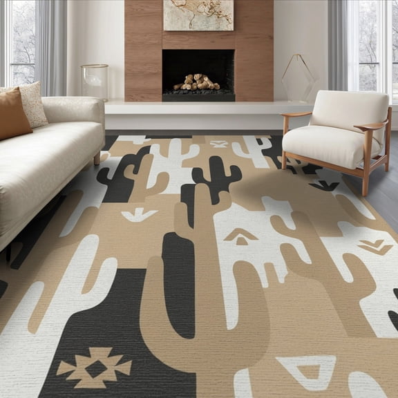 ODIKA 8'x10' Washable Area Rug Non-Shedding, Easy Care, Beige Ivory Tone Simplified Forms Field Arrangement Abstract for King Size Bedroom Under Bed, Master Suite