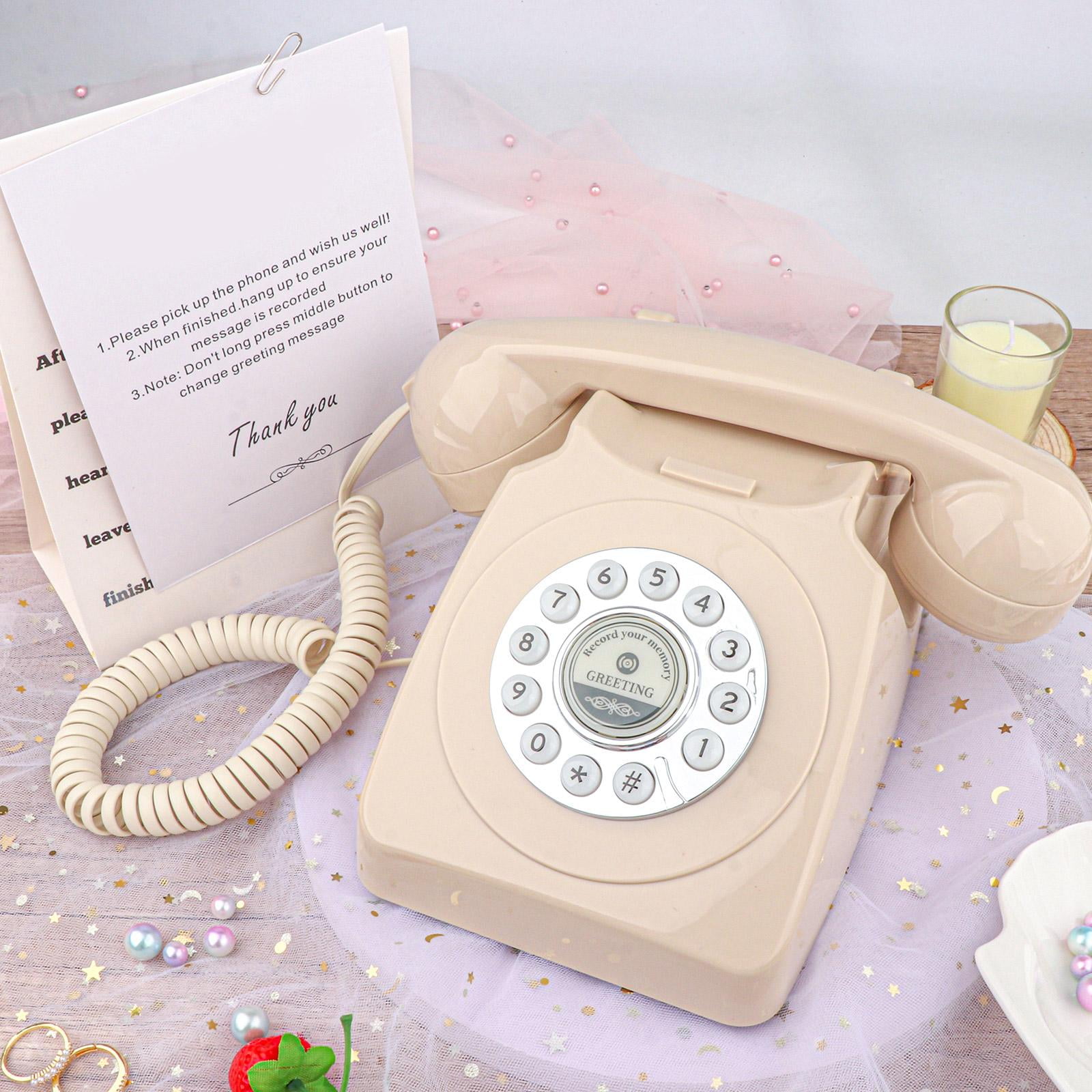 balikha Guestbook Telephone Retro Landline Phone Push Button Rotary Dial Vintage Corded Phone with Recorder Machine Decorative Phone Suitable for Weddings Par Beige