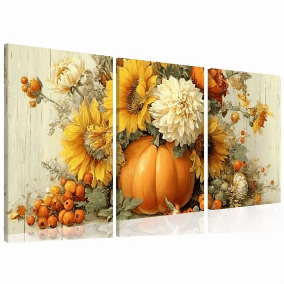 Autumn Pumpkin Wall Art 3pcs Rustic Pumpkin Sunflower Wrapped Canvas Prints Fall Themed Canvas Thanksgiving Pictures Farmhouse Kitchen Decor 08Suitable for room decoration 12*16inch*3pcs