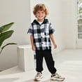 thumbnail image 2 of Toddler Kids Outfit Sets Short Sleeve Patchwork Plaid Prints T-Shirt Hooded Tops And Pants Kids Boys Girls Retro Stylish Outfit Sets，2Piece，2 -3 Years, 2 of 6