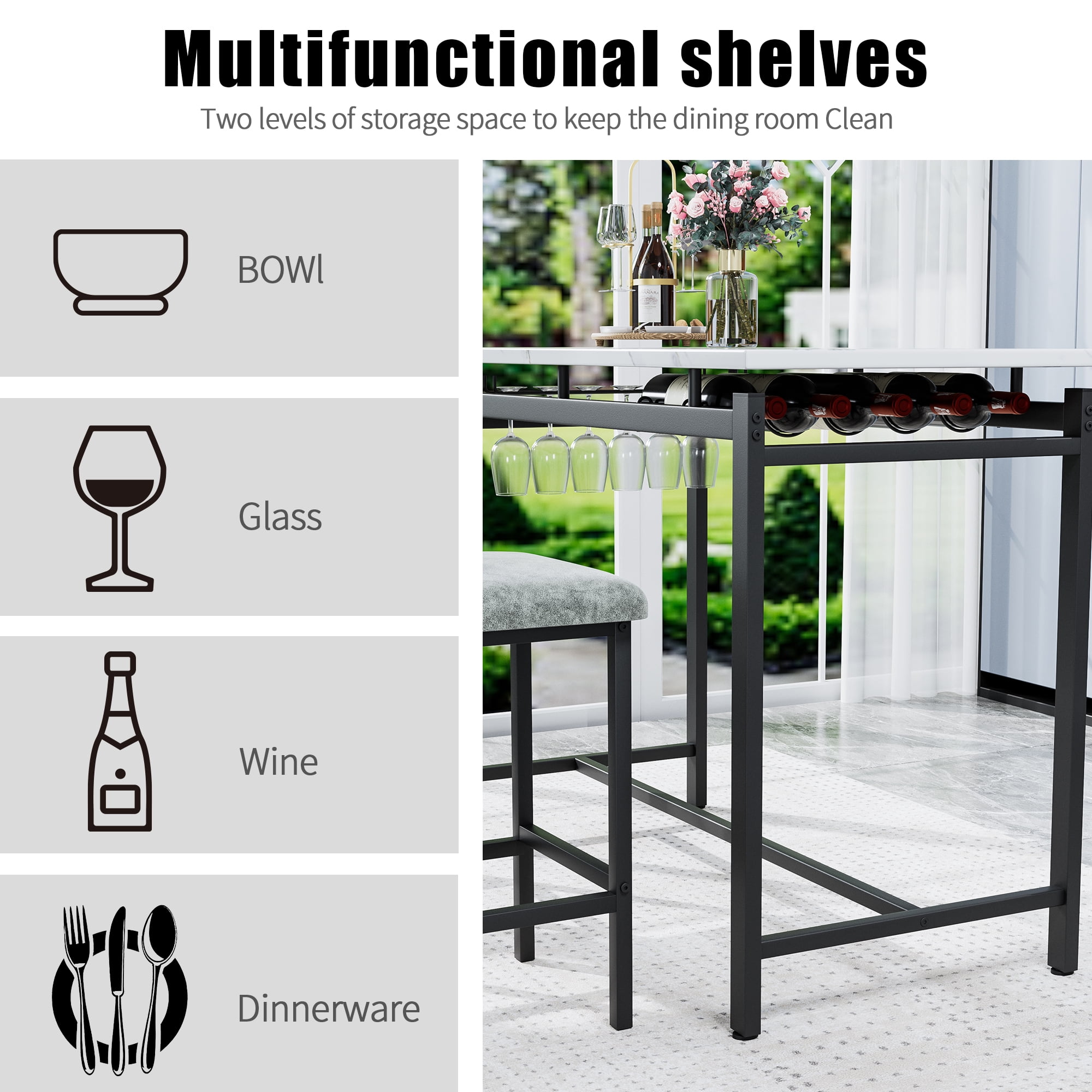 Aukfa Bar Dining Table Set&nbsp;for 2, Kitchen Table Set w/ Wine Rack &Upholstered Chairs for Small Spaces, Gray