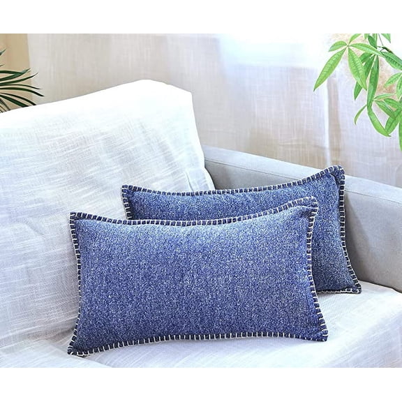 Textured Lumbar Pillow Covers 12 x 20 inches Navy Blue Set of 2 |Decorative Stitched Edge Chenille Cushion Covers | Modern Accent Small Pillow Cases