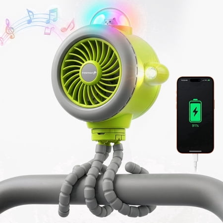 Portable Stroller Fan, 5000mAh USB-C Rechargeable, 5 Speed, Bluetooth Speaker Nursery Song, 3-level LED flashlight, Rotation Handheld Cooling Baby Fan Powerbank for Travel, Car Seat, Bedroom