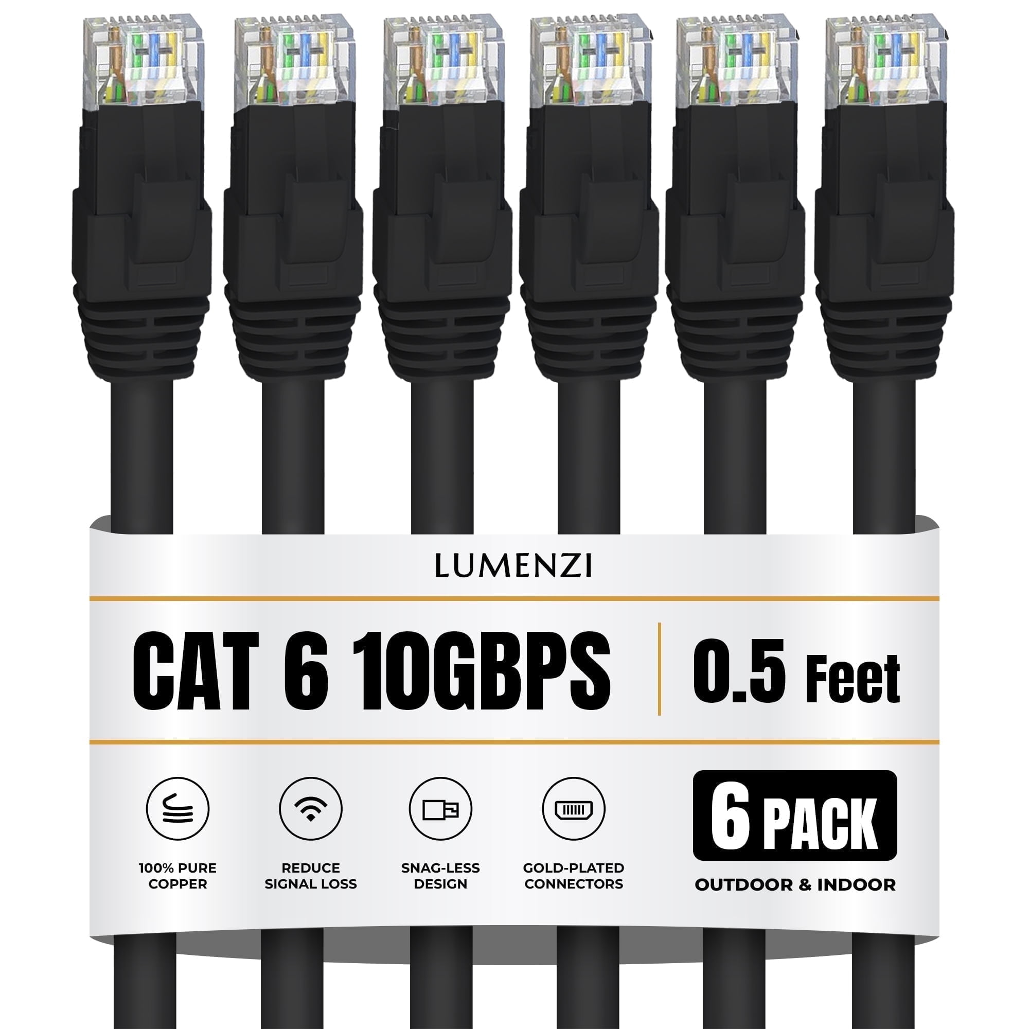 Cat 6 Ethernet Cable 0.5 FT in Black 6 Pack 10 Gbps Speed Network Short Round Rj45 Outdoor Indoor Direct Burial Bare Copper LAN Patch Cable for Router Gaming PS5 XBOX Printer Computer CCTV Switch