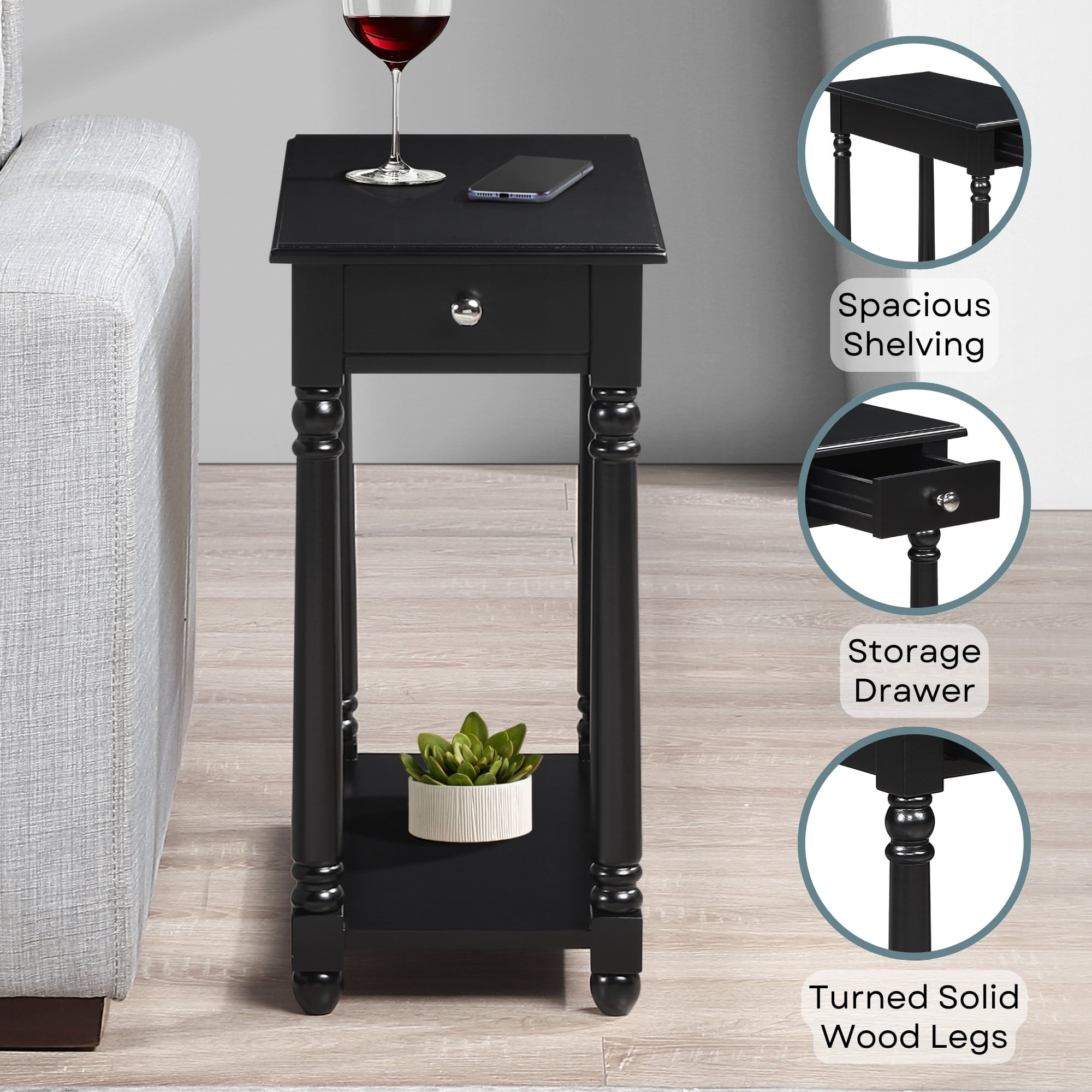 Convenience Concepts French Country Regent 1 Drawer Chairside End Table with Shelf, Black