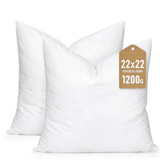 Synthetic Down Pillow Insert, 22x22 Down Alternative Throw Pillow Insert. Ultra Soft Fluffy Sleeping Pillow with 100% Cotton Cover, Decorative Pillows Set of 2-White.
