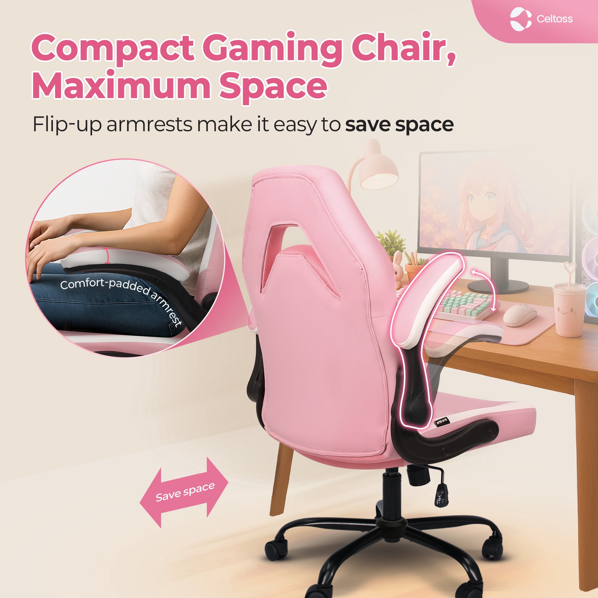 CELTOSS  Pink Gaming Chair, Flip-up Armrest Computer Chair Ergonomic Office Chair PU Leather Desk Chair Executive Adjustable Swivel Task Chair