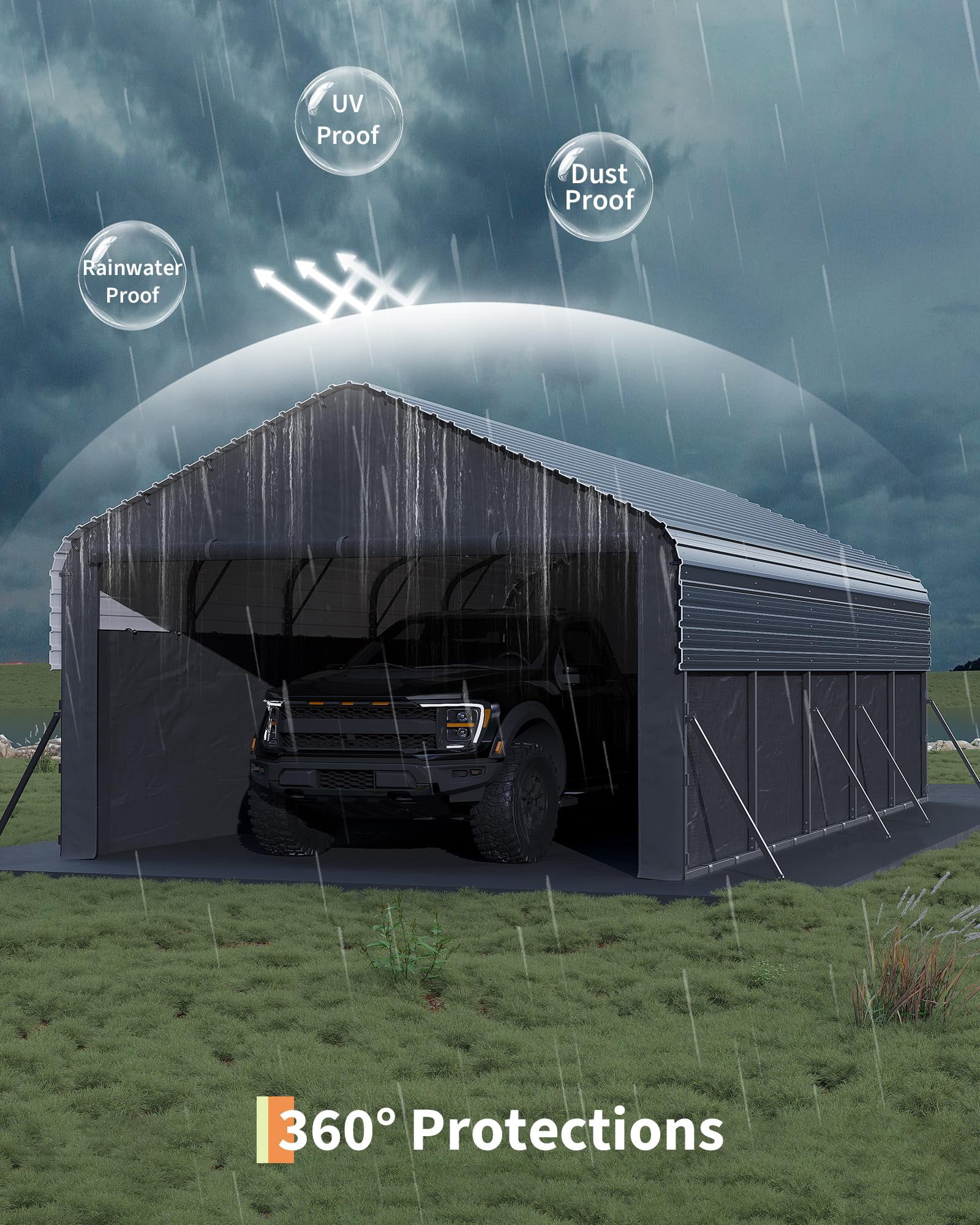 12'X24'X9' Metal Carport, Enclosed Car Ports with Heavy Duty Steel Frame and 220 g Tarp, All-Weather Carport for Full-Size Pickup Trucks, Bass Boats, and Tractors