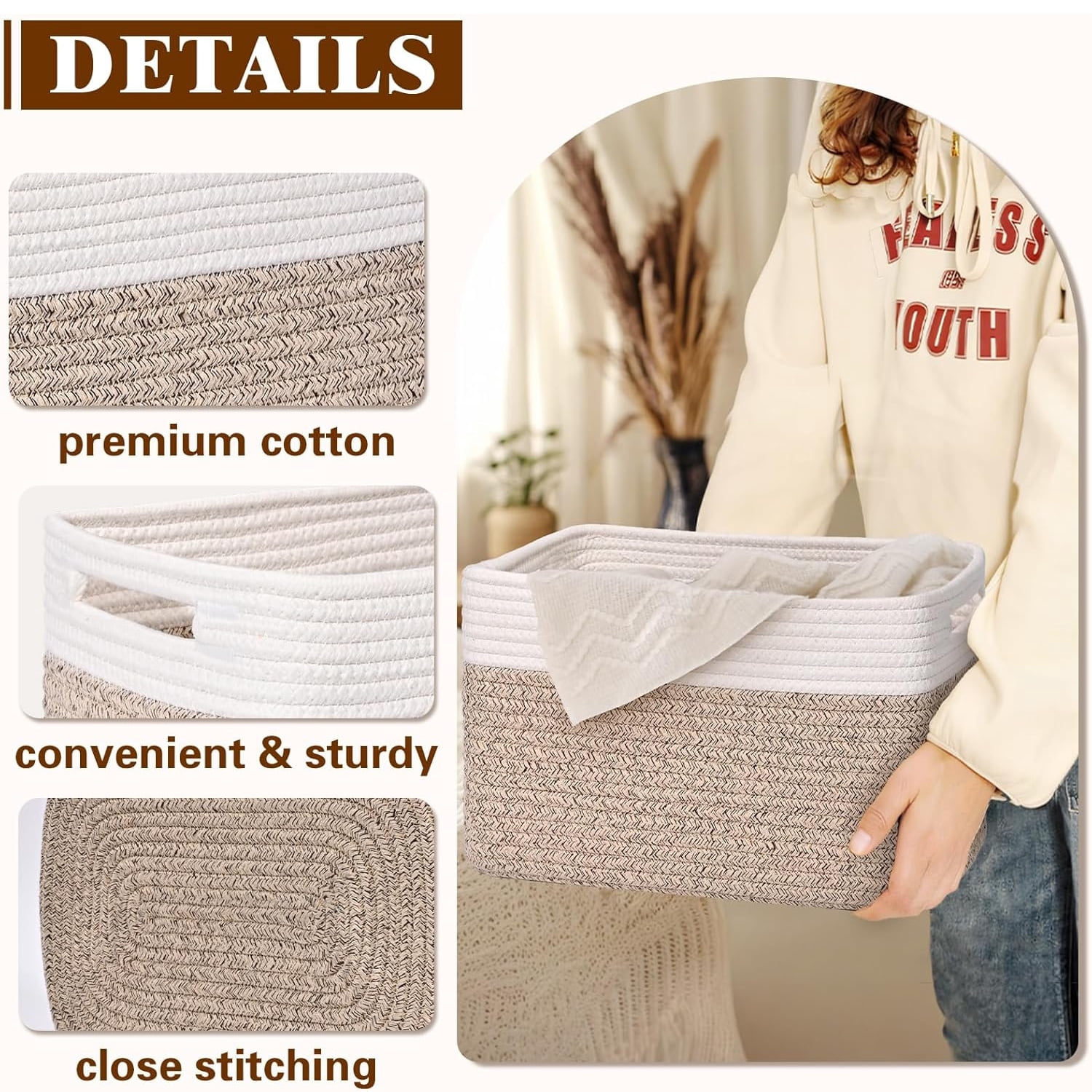 Natubeau 4 Pack Woven Storage Basket for Shelves, 13"x9"x8" Cotton Rope Woven Baskets for Organizing, Square Storage Bins with Handle, Brown & White