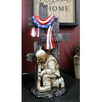 Kneeling Soldier In Prayer By 3 Rugged Crosses American Flag Memorial Figurine
