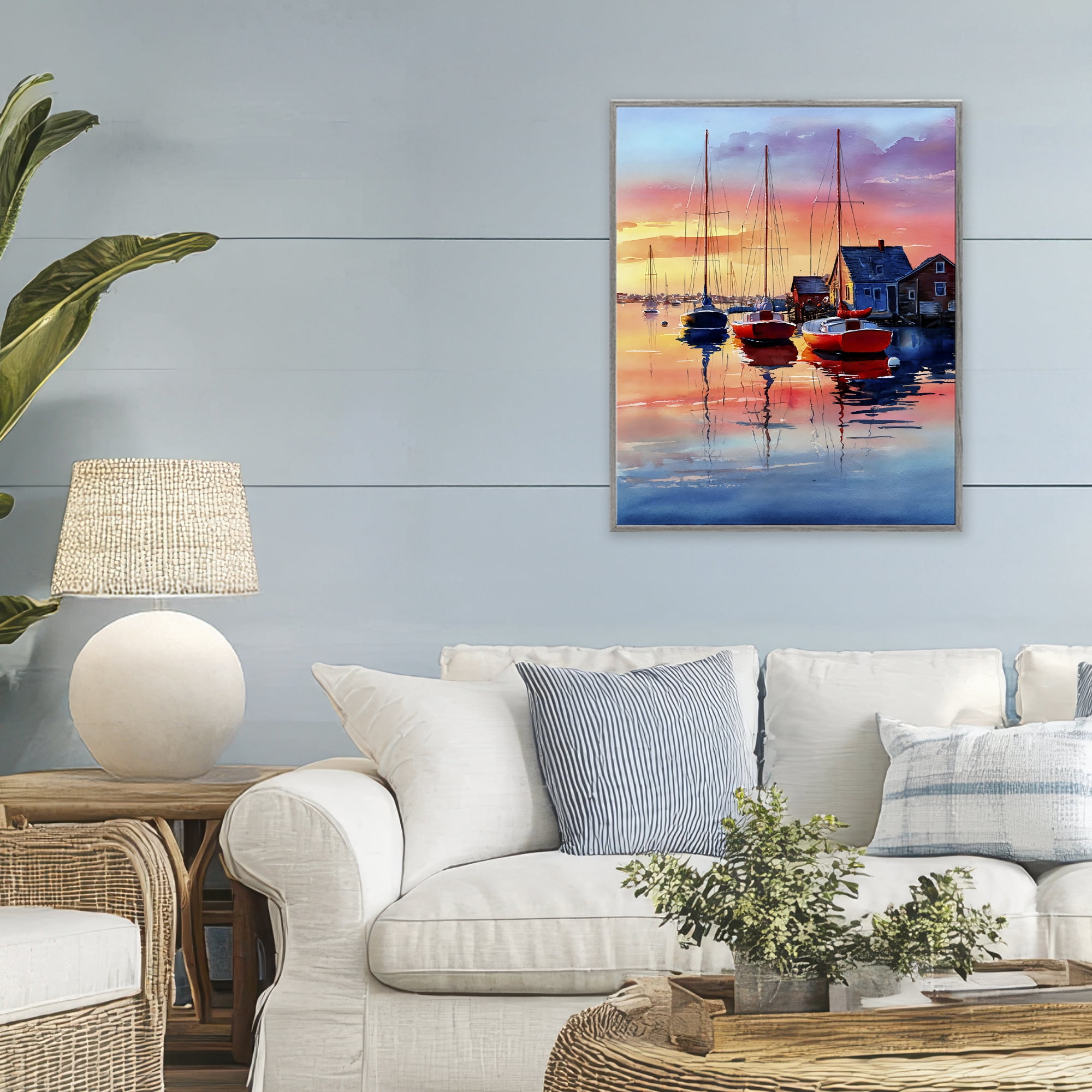 Stupell Industries Vivid Sunset at Docks Gray Framed Giclee Art, design by Franklyn Gregory
