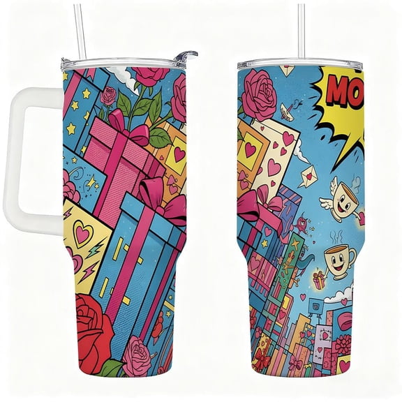 Stainless Steel Insulated Tumbler with Lid and Straw, Happy Mother’s Day Pop Art Gift and Rose Design, Double-Wall Hot & Cold Travel Cup