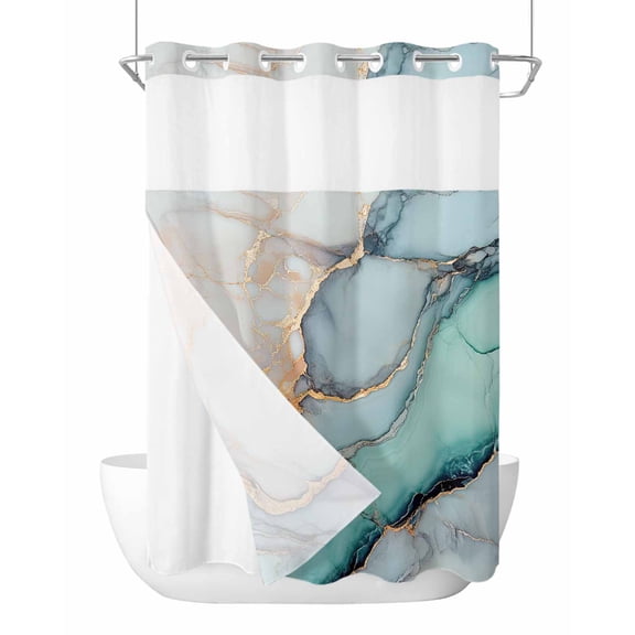 No Hook Shower Curtain with Snap-in Liner, Blue Teal Marble Waterproof Fabric Bathroom Curtains, Modern Ink Painting Abstract Bath Curtains & Mesh Top Window Stand Up Stall 72"x96" Extra Long