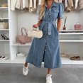 thumbnail image 5 of Women Puff Short Sleeve Denim Midi Dress Belted Button Down Dress for Spring Summer Daily Casual, 5 of 6