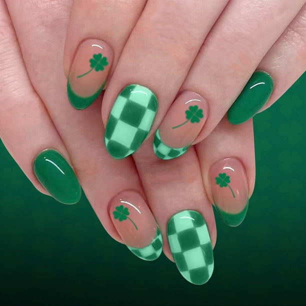 24 piezas de uñas postizas con diseño de armadura verde a cuadros franceses del Día de San Patricio