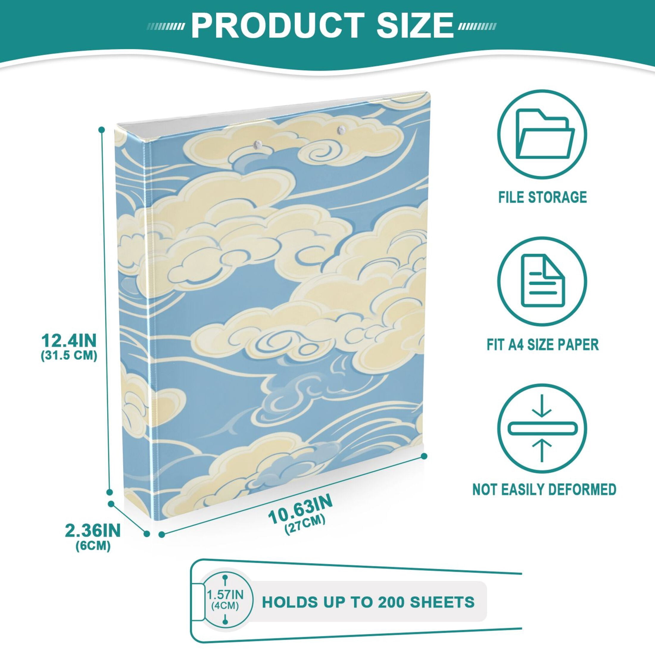 WOBOGO White Cloud Pattern on Blue Background File Folders Extra Large Capacity to Hold 200 Sheets of Documents Hard Shell Ring Binder for School Home Office