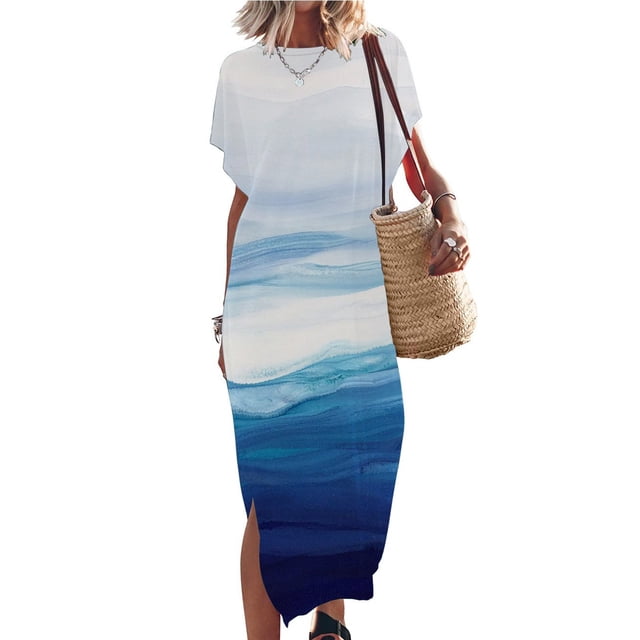 SMihono Robe Maxi Bohème d'Été pour Femmes Grande Taille Robe Maxi pour Femmes Plage Vacances Décontractée Ample Longue Robe Manches Courtes Robes d'Été avec Fente Robe Évasée de Plage