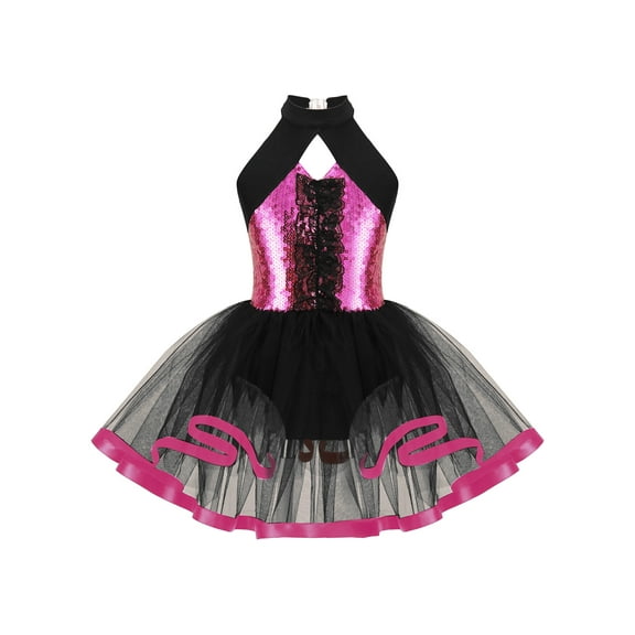 iiniim Kids Girls Sequins Halter Ballet Tutu Dress Gymnastics Leotard Lyrical Latin Jazz Costume