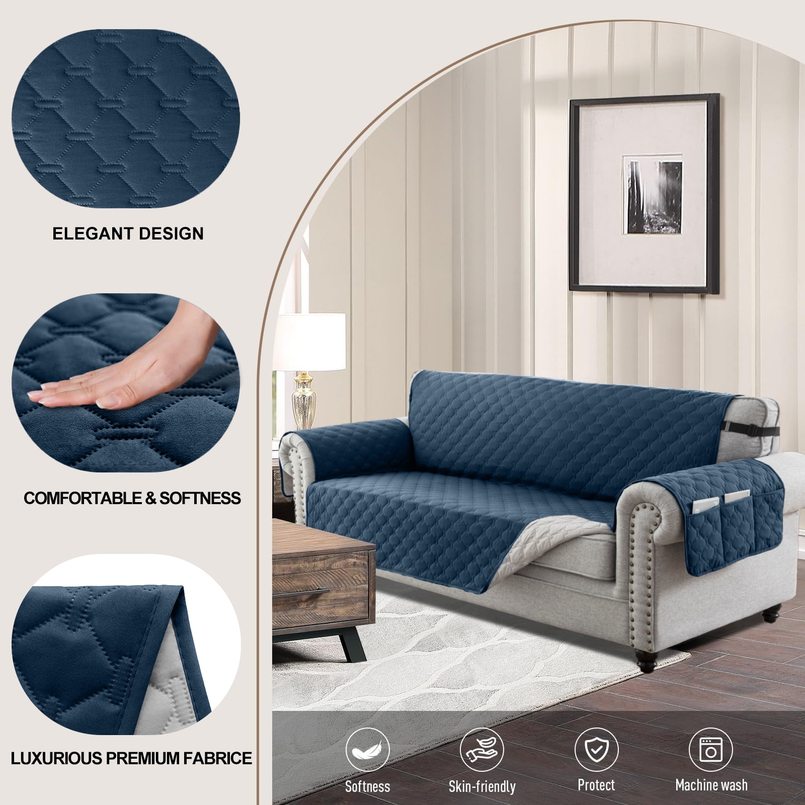 Sanmadrola Sofa Cover 100% Waterproof Couch Slipcovers Washable Non-Slip Furniture Protector with Pockets/Elastic Straps/Silicone Backing for Kids Pets Dogs, Aegean Blue, Oversized Sofa