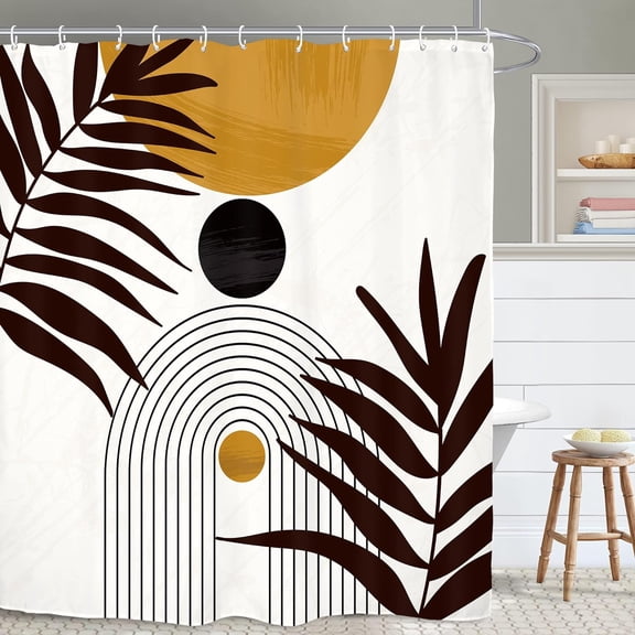 Abstract Mid Century Bathroom Shower Curtain 71W by 71H Inch Minimalist Modern Neutral Aesthetic Contemporary Geometric Leaves Plant Arch Polyester Fabric 12 Plastic Hooks Waterproof Decor