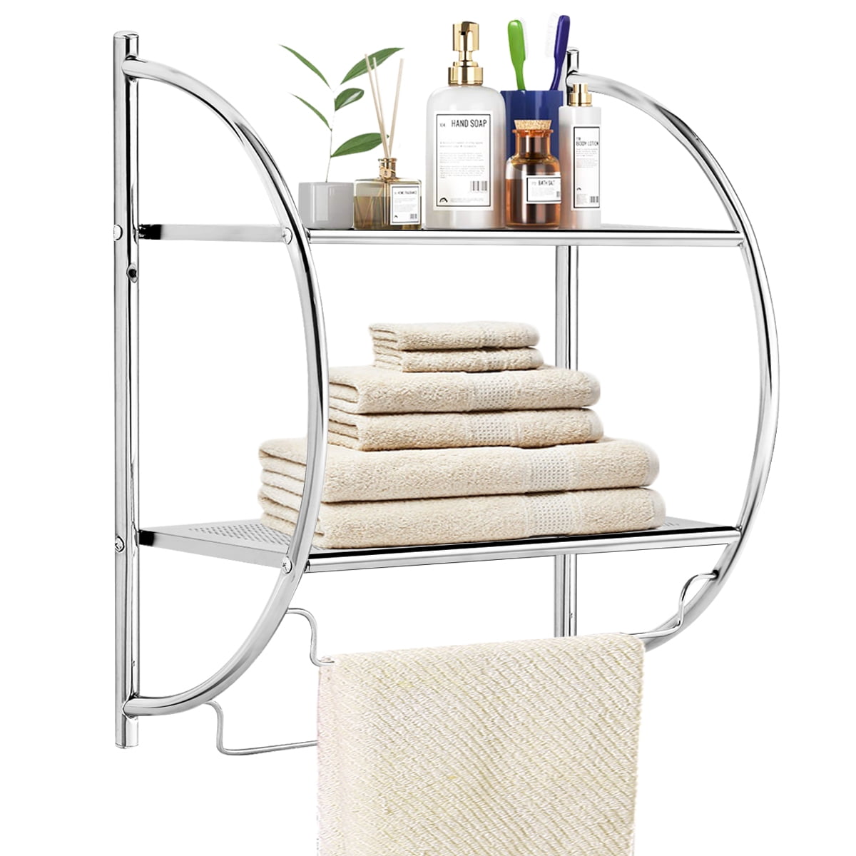 2 Layer Bathroom Towel Organizer Holder Rack Hook Aluminum Shower Storage Shelf