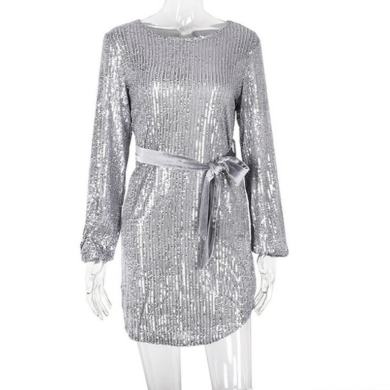 Ihenglixing 50% Off Clear ! Plus Size Dresses 3X Dressy Dresses for Women L  Women'S Sexy Round Neck Long Sleeve Sequined Cocktail Fashion Silver