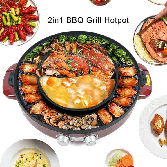Electric Roasting Pan 2 in 1 2200w Electric Hot Pot Large Capacity Smokeless Grill and Hot Pot BBQ Grill Pot Household 110v Red Independent Temperature Control for Homes Restaurants Hotels
