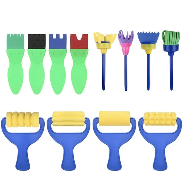 Juego de 12 pinceles de pintura para niños, lavables, con esponja. Herramientas para el aprendizaje temprano.