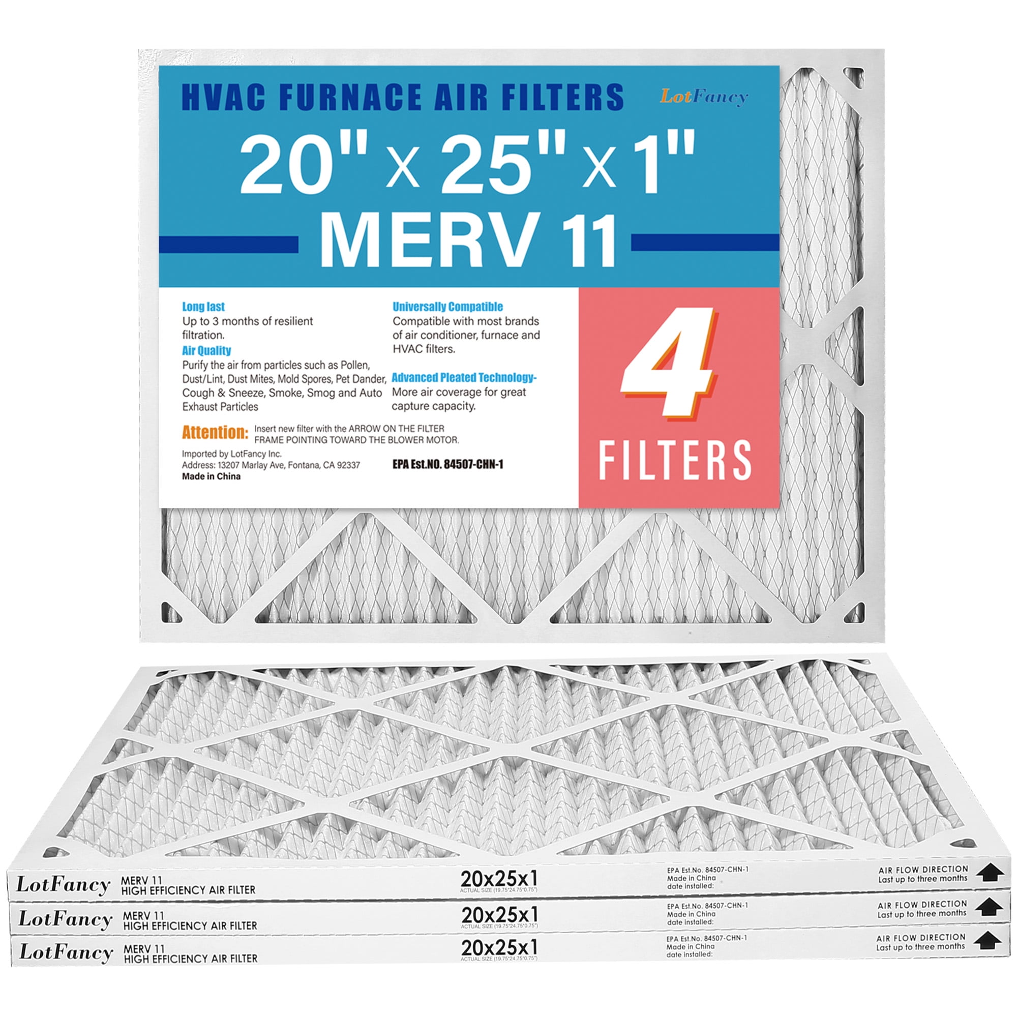 LotFancy 20x25x1 Air Filters, 4 Pack, MERV 11 Pleated HVAC AC Furnace