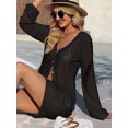 thumbnail image 5 of Womens Crochet 2 Piece Cover Up V Neck Bell Sleeve Button Cardigan Sheer Mesh Beach Mini Skirt Coverup Set, 5 of 5