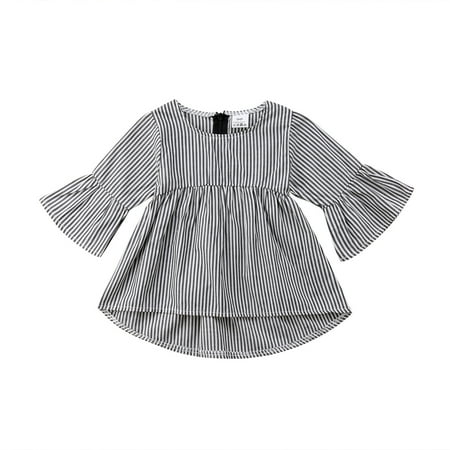 

TOPGOD Toddler Baby Girls Vertical Stripe Ruffle Dress Irregular Hem Knit Flare Long Sleeve Casual Dress