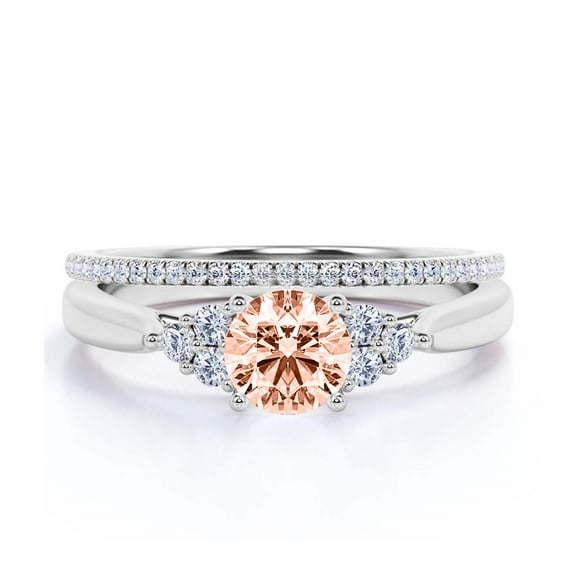 Dazzling Minimalist 1.75 Carat Round Cut, Affordable Morganite And Diamond Moissanite Engagement Ring, Wedding Gift, One Matching Band in 18k White Gold Plating, Gift For Her, Promise Ring