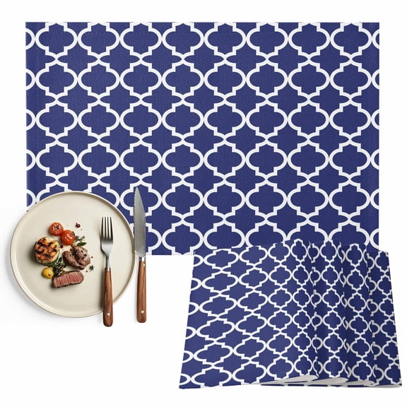 Navy Lake Blue Morocco Placemats Set of 2, Minimalist Geometric Pattern Table Mats Washable Heat-Resistant Non-Slip Place Mats for Kitchen Dinner Table Indoor Outdoor Decor,13x19 Inch