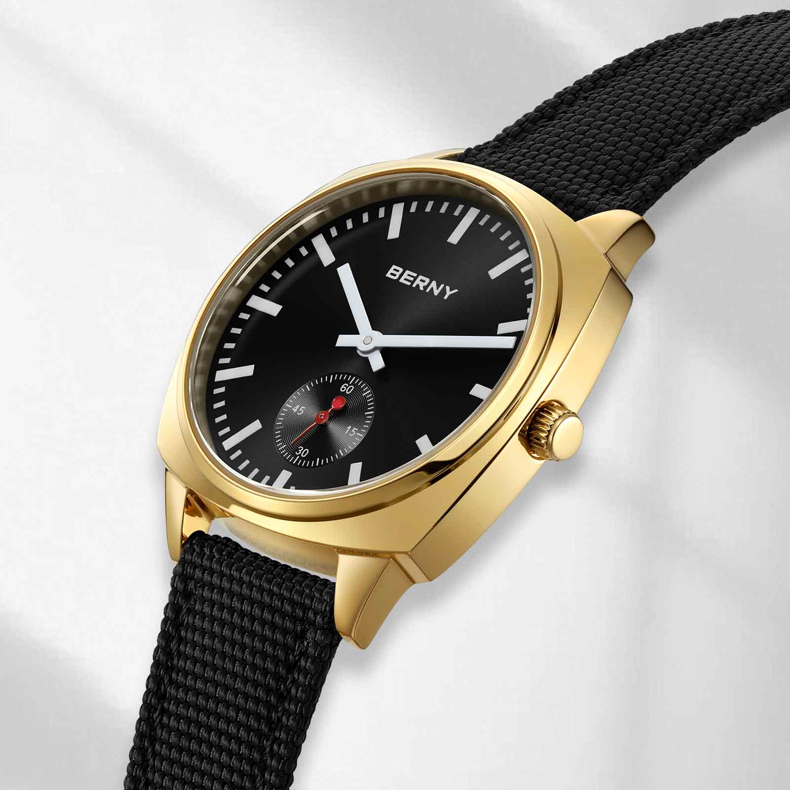 BERNY Gold Watch for Women, Casual Women Quartz Watch with Nylon Strap, Small Seconds Hand, Fashion Women's Wristwatch, Waterproof Classic Ladies Watch, Black