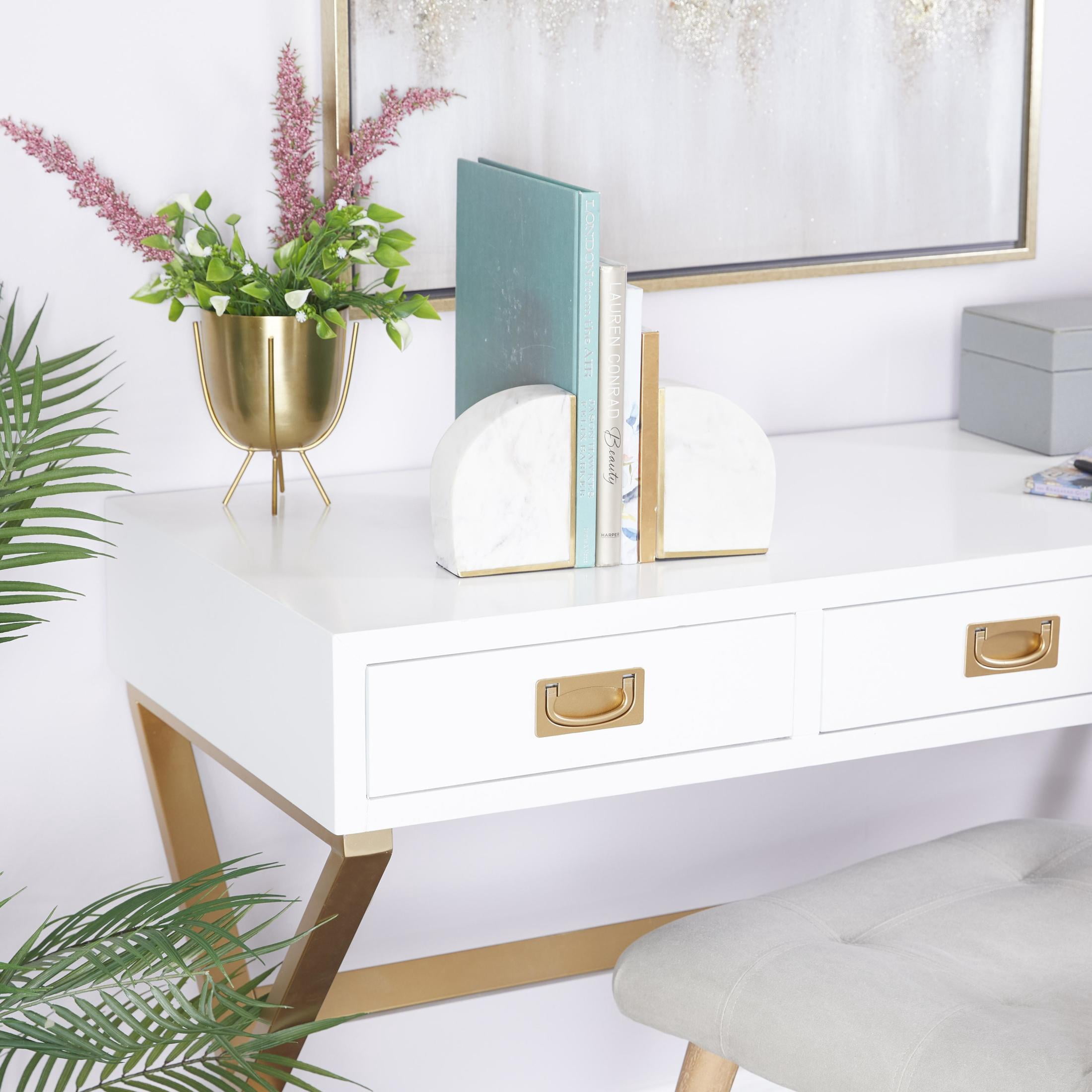 CosmoLiving by Cosmopolitan 4" Geometric 8 lbs White Marble Bookends with Gold Inlay (Set of 2)