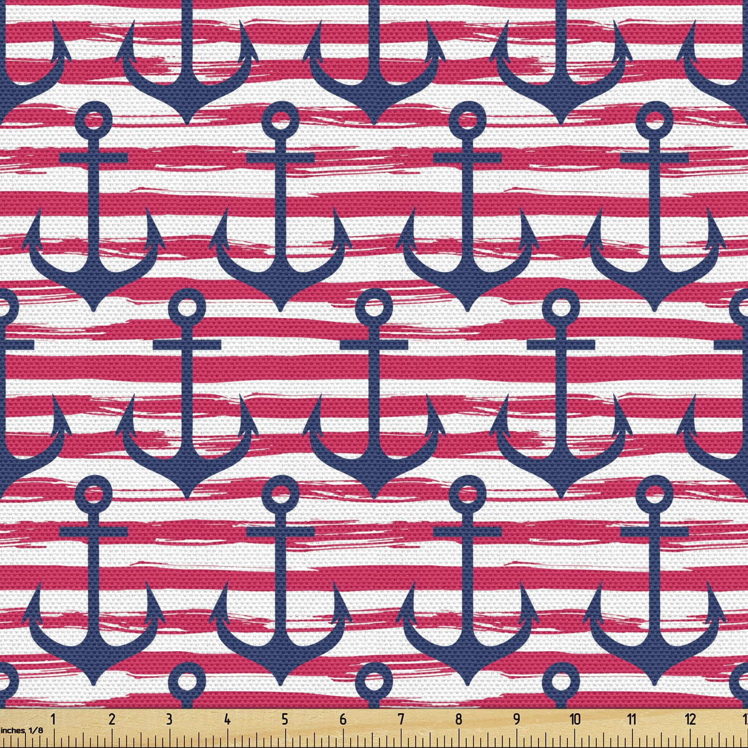 Nautical Fabric by the Yard, Hand Drawn Marine Motifs with Horizontal Stripes Grunge Effect