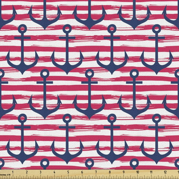 Ambesonne Harbour Stripe Fabric by the Yard Upholstery, Blue Anchors, 10 Yards, Dark Blue Magenta White
