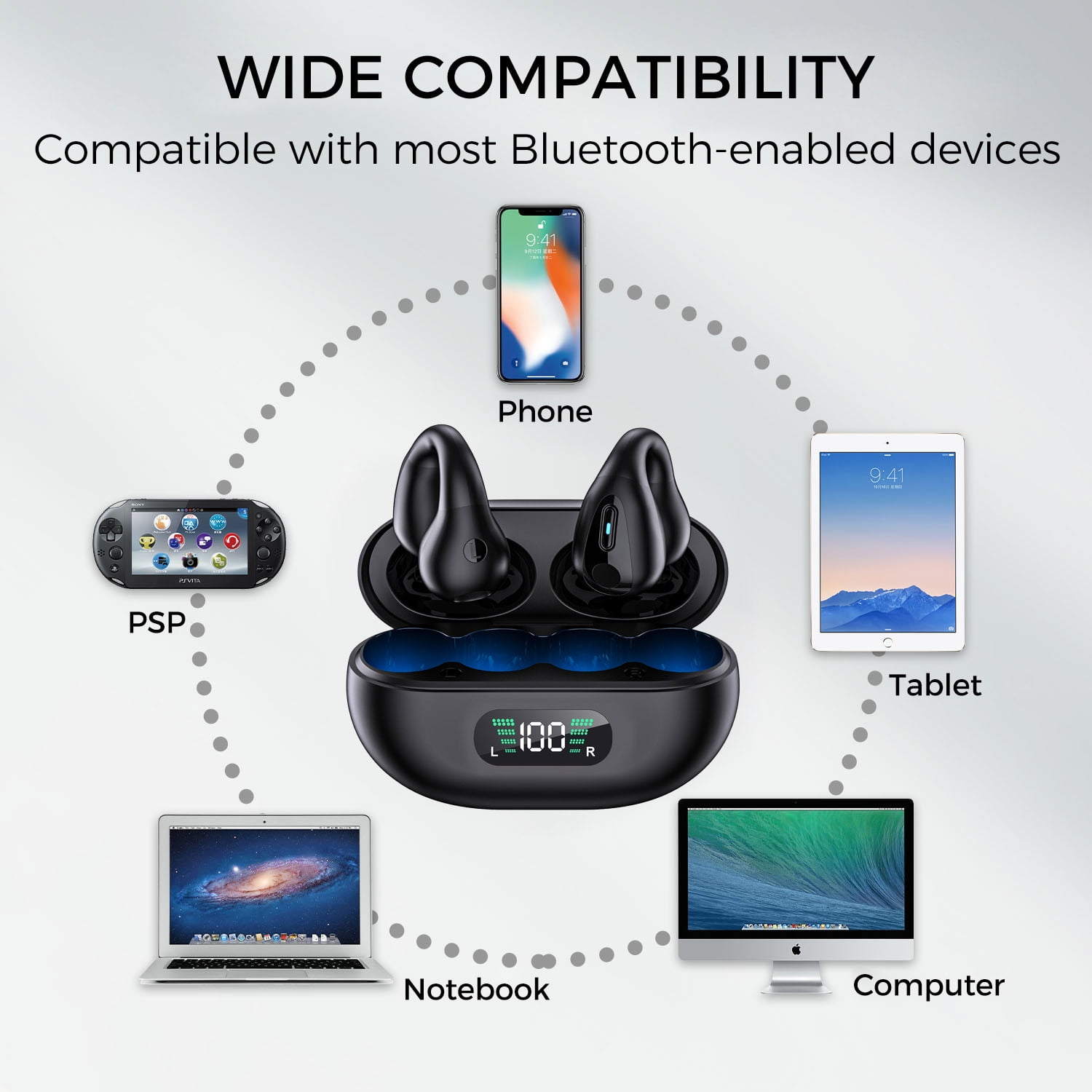 Alpha Digital Wireless Bluetooth Bone Conduction Ear Clip Earbuds, Black