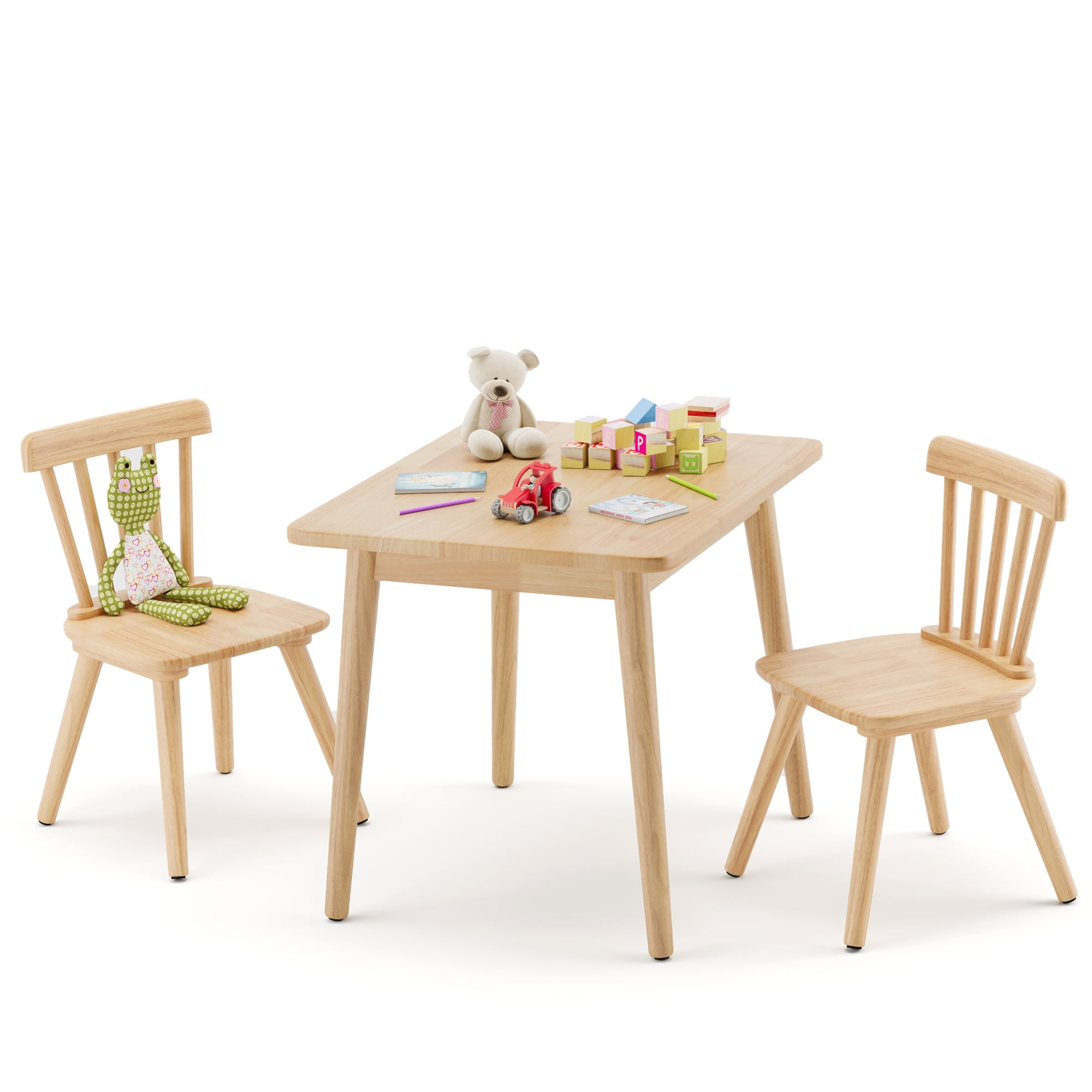 Curipeer Windsor Rubberwood Kids Table and 2 Chairs Set with Non-Slip Legs Round Edge Design for Play, Natural Wood