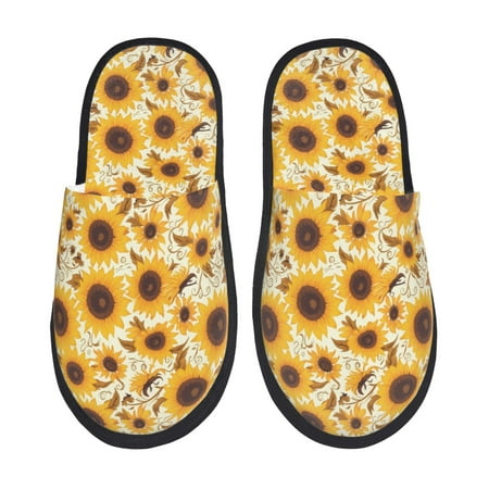 Balery Brown Leaf Pattern Sunflower Slient Indoor Furry Fleece Comfort House Shoes Soft Non-Slip Home Shoes Cotton slippers House Slippers-- Large