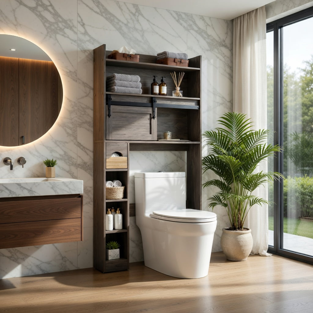 Hommoo Over-the-Toilet Storage Cabinet with Sliding Barn Door, Adjustable Shelves & Toilet Paper Holder, Gray