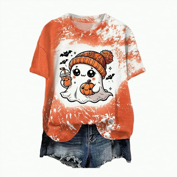 enyan Halloween Women Shirts Pumpkin Printed Cute T Shirts Orange Graphic Tops Fall Tee Fashion Orange,M