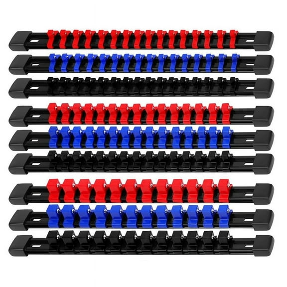 Symkmb Socket Organizer Drive Tools-Socket Holder,9Pieces Holders Kit 1/4Inch X 48 Clips,3/8Inch X 45 Clips,1/2Inch X 36 Clips Plastic Red & Blue & Black