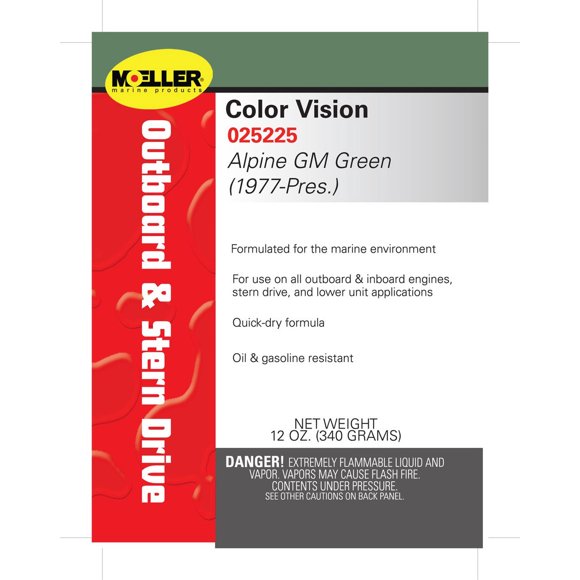Moeller Marine Engine Paint 025225 GM Alpine Green; 12 Ounce; Oil And Gasoline Resistant; For Marine Applications