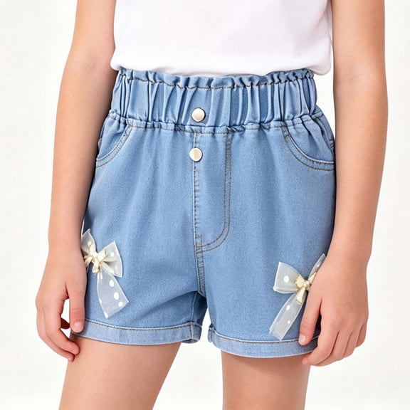 BLTIBY Girls Casual Summer Denim Shorts High Waisted Trendy Bow Jean Shorts with Pockets Blue 2-3 years