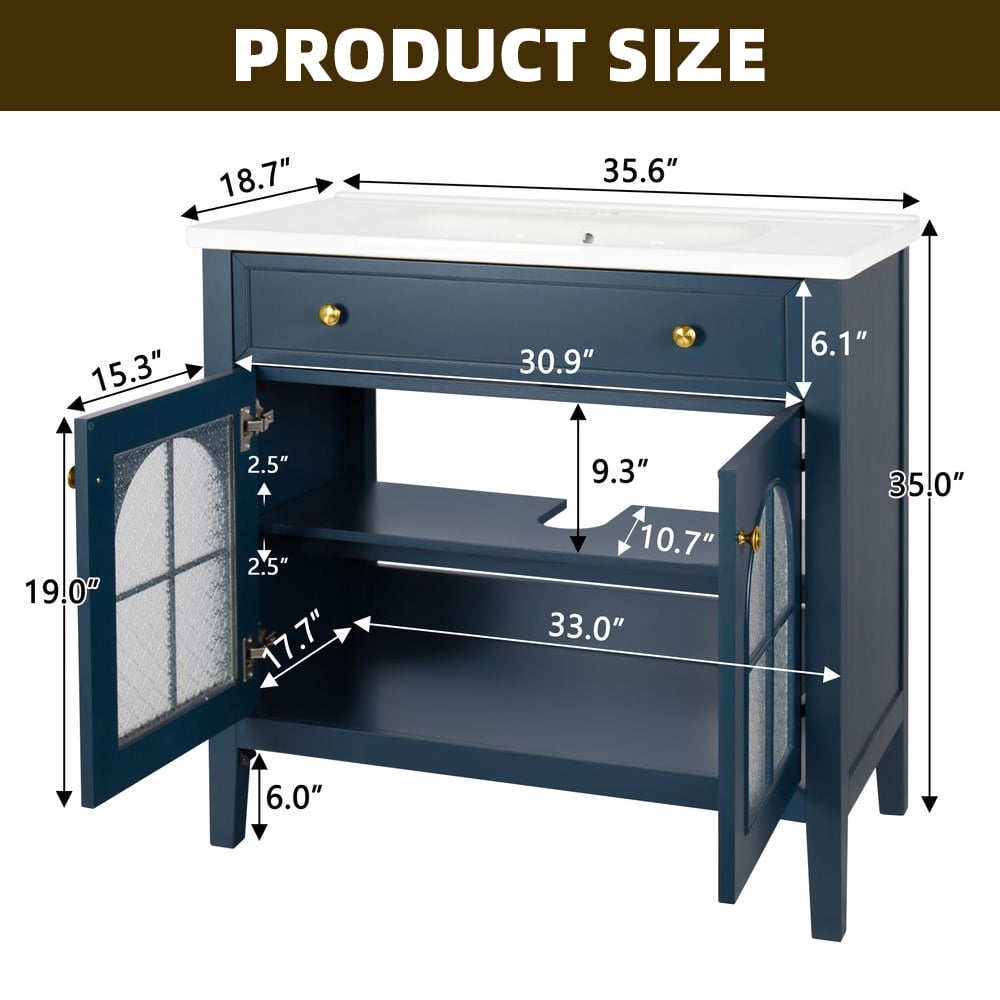 WGYPRIME 35.6" Mid-Century Bathroom Vanity with Sink, Farmhouse Bathroom Storage Cabinet with Glass Doors & Motion-sensor Light Strip, Freestanding Single Sink Bathroom Vanity Combo