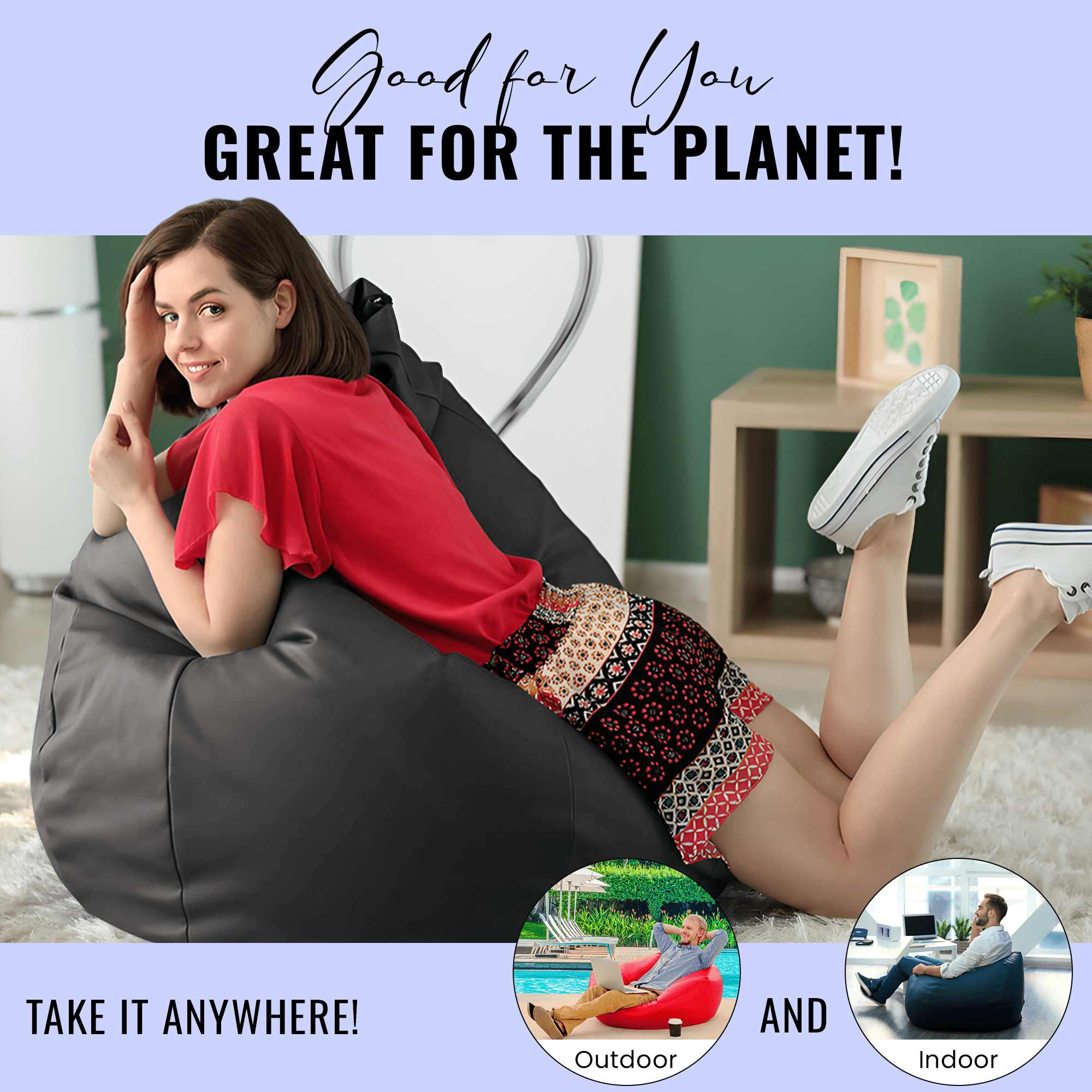 Vinyl Marine Boat 33x31x20" Bean Bag Chair Cover - Retro Style Weatherproof Lazy Sofa Cover for Kids and Adults - Washable Bean Bag Cover without Fill, Black