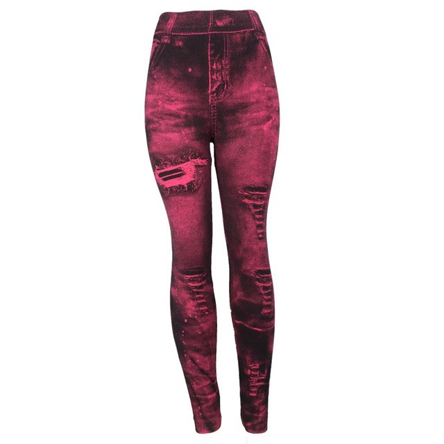 Leggings vaqueros de imitación para mujer, pantalones de cintura alta, mallas ajustadas para Fitness, mallas ajustadas de mezclilla para fiesta, Prendas para la parte inferior del cuerpo Vino rojo Sonducket AP019353-04